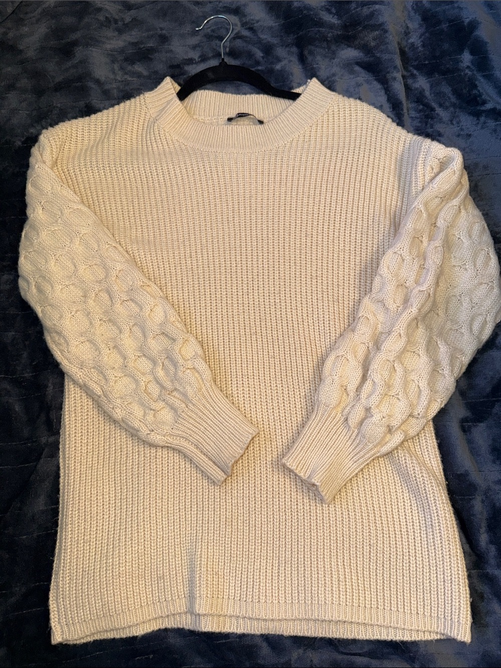 Cozy Cream Cable-Sleeve Crewneck Sweater